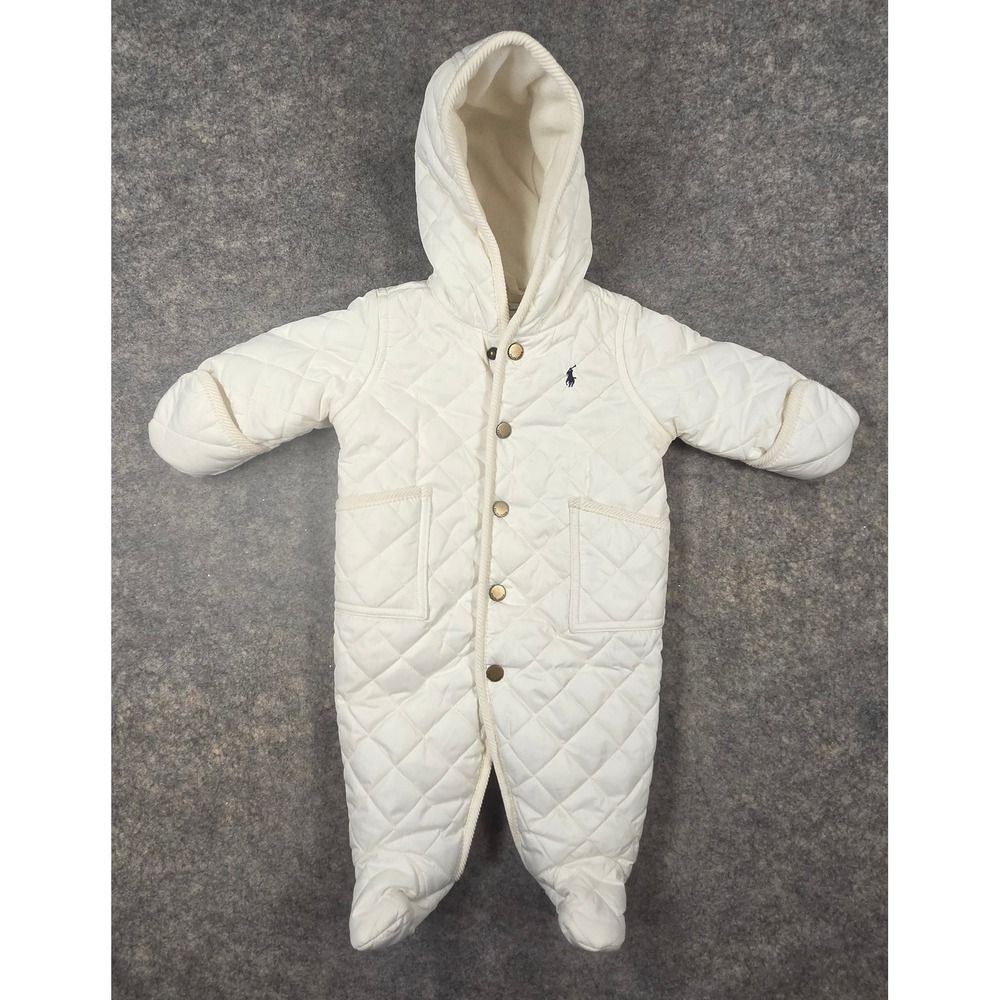 Ralph Lauren Baby Quilted Bunting Pram Snow Suit Cream White Fleece Lined 3M